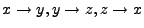 $\displaystyle x\rightarrow y, y\rightarrow z, z\rightarrow x$