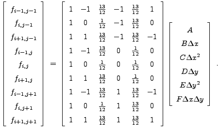 $\displaystyle \left[ \begin{array}{c} f_{i-1,j-1}  f_{i,j-1}  f_{i+1,j-1} \...
...2  D \Delta y  E \Delta y^2  F \Delta x \Delta y \end{array} \right] \; .$