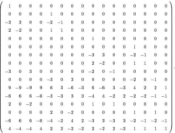 \begin{displaymath}\left(
\begin{array}{rrrrrrrrrrrrrrrr}
1 & 0 & 0 & 0 & 0 & 0 ...
...& -2 & -2 & 2 & -2 & 2 & -2 & 1 & 1 & 1 & 1
\end{array}\right).\end{displaymath}