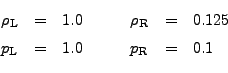 \begin{displaymath}\begin{array}{lclcclcl} \rho_{\rm L} &=& 1.0 & & & \rho_{\rm ...
...& 0.125 p_{\rm L} &=& 1.0 & & & p_{\rm R} &=& 0.1 \end{array}\end{displaymath}