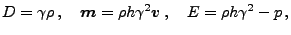 $\displaystyle \displaystyle D = \gamma \rho   , \quad \displaystyle \boldsymbo...
...oldsymbol{v}   , \quad \displaystyle E = \displaystyle \rho h \gamma^2 - p  ,$